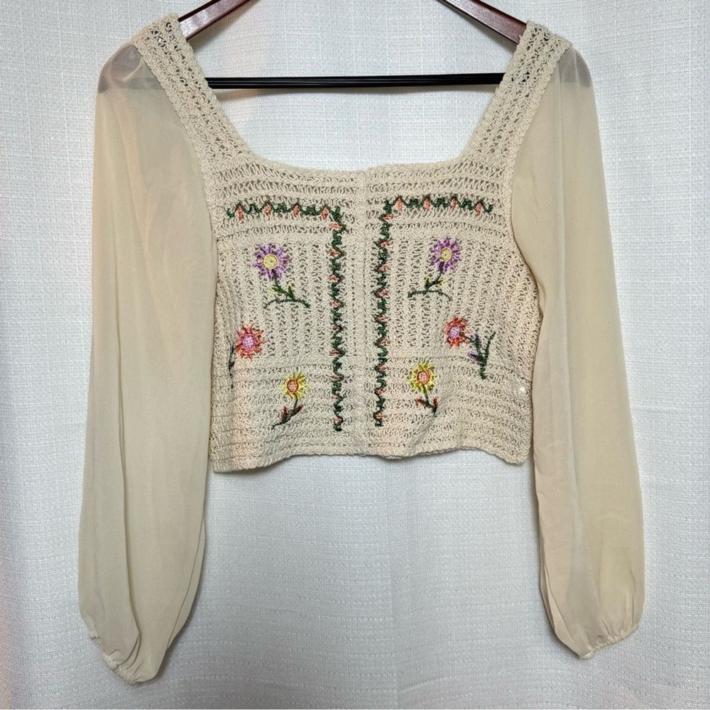Crochet Floral Embroidered Top Sheer Sleeves Folk Boho Cottagecore Fairy Women S
